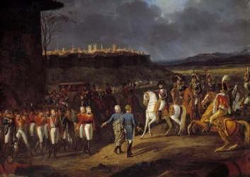 Campagne van Spanje: Keizer Napoleon I werd in Astorga, Spanje, voorgesteld aan Engelse gevangenen en beval hen met speciale zorg te behandelen, januari 1809 (detail)