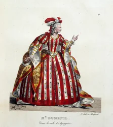 Franse actrice Marie Francoise Marchand, bekend als Mademoiselle Dumesnil, in de rol van Agrippine in het stuk Britannicus door Jean Racine. Lithografie door Hippolyte Lecomte. Privécollectie