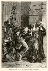 Hij sloeg twee van zijn tegenstanders neer, uit De Reis om de Wereld in Tachtig Dagen door Jules Verne (1828-1905), gegraveerd door Louis Dumont (b.1822), 1873