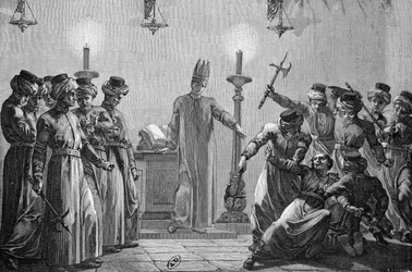 Rituele moord gepleegd door de Danieten, volgens de beschuldigingen van de mormoonse tegenstanders, getekend door David en gegraveerd door A. Gusmand