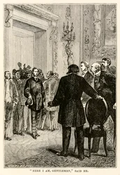 Hier ben ik heren, zei hij, uit De Reis om de Wereld in Tachtig Dagen door Jules Verne (1828-1905) gegraveerd door Henri-Théophile Hildebrand (1824-97), 1873