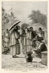 Tijdens zijn wandeling kwam Passepartout een aantal oude inboorlingen tegen, uit De Reis om de Wereld in Tachtig Dagen door Jules Verne (1828-1905), gegraveerd door Adolphe François Pannemaker (1822-1900), 1873