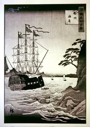 Een zwart Europees schip voor de kust van Tsushima