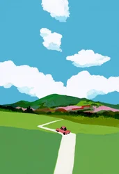 Rijden door de weide in een rode auto