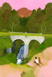 Kijk naar de brug met een hond bij schemering