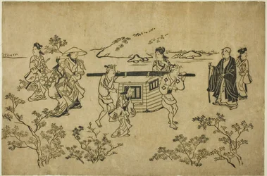 Een Voorbijgaande Palankijn, uit de serie "Scènes van Bloemenkijken in Ueno (Ueno hanami no tei)"