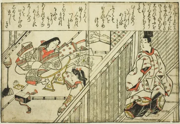 Bezoek aan de Dame Tamakazura, uit het geïllustreerde boek "Verzameling van Afbeeldingen van Schoonheden (Bijin e-zukishi)"