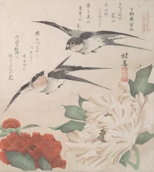 Voorjaarsregen Collectie Harusame shu, deel 3: Zwaluwen en pioenen, ca. 1820