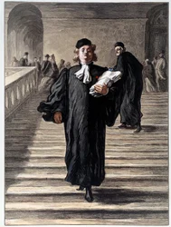 Een advocaat in een toga bij de rechtbank. Lithografie door Honore Daumier (19e eeuw) Parijs, Musee Carnavalet