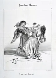Kunstwerk door Honore Daumier (1808-1879). Charivari dateert uit 1840: Serie PROVERBES ET MAXIMES A bon chat bon rat MUSEE DES BEAUX ARTS - PALAIS LONGCHAMP, MARSEILLE
