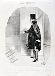 Kunstwerk door Honore Daumier (1808-1879). Charivari dateert uit 1842: Serie MORES CONJUALES Hemel na drie maanden afwezigheid vind ik mijn vrouw verhuisd en wat herinneringen was ik haar grote God! MUSEUM VAN SCHONE KUNSTEN - PALEIS LONGCHAMP, MARSEILLE