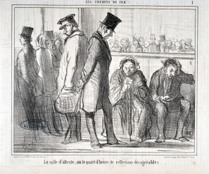 Kunstwerk door Honore Daumier (1808-1879). Charivari dateert uit 1855: Serie LES Spoorwegen De wachtkamer of het kwartier van onaangename reflecties MUSEE DES BEAUX ARTS - PALAIS LONGCHAMP, MARSEILLE