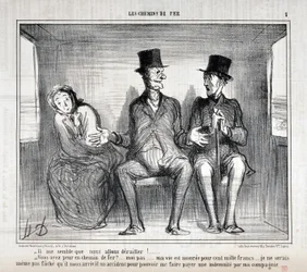 Werk van Honore Daumier (1808-1879). Charivari dateert uit 1857: Serie LES RAILWAYS - Het lijkt me dat we zullen ontsporen!... Ben je bang op de spoorweg?... ik niet... mijn leven is verzekerd voor honderdduizend francs... ik wil me niet eens zorgen maken