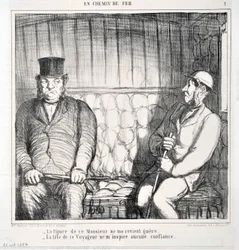 Kunstwerk door Honore Daumier (1808-1879). Charivari dateert uit 1864: Serie LES CHAINS DE RAILWAY -Het gezicht van deze heer komt me niet bekend voor. - het hoofd van deze reiziger wekt bij mij geen vertrouwen MUSEE DES BEAUX ARTS - PALAIS LONGCHAMP, MARS
