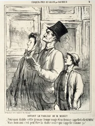 Werk van Honoré Daumier (1808-1879). Charivari uit 1865: Serie CRUQUIS PAUIT AU SALON. Voor een schilderij van Manet: “Waarom noemt die grote rode vrouw in een hemd zich in godsnaam Olympia? - Maar mijn vriend, misschien heet de zwarte kat zo?” MUS