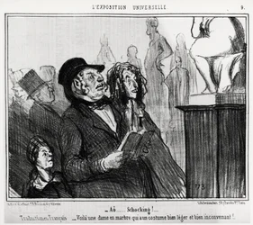 Op de Wereldtentoonstelling: ao... schokkend! (Franse vertaling: hier is een marmeren dame die een zeer licht en ongepast kostuum draagt) (illustratie door Honore Daumier, gepubliceerd in Charivari, gedateerd 1 juni)