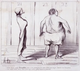 Spotprent over uiterlijkheden. Serie The Bathers: Vertel papa Drouillet... Gravure door Honore Daumier. Uit de krant Le Charivari. Dim 25x36cm. box 12 Marseille, Musee des Beaux-Arts, Palais Longchamps, Collectie Arts Graphi