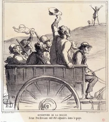 Cartoon over jagers. Serie "Herfstschets: Opening van de jacht, twee patrijzen werden gesignaleerd op het platteland", uit de krant "Le Charivari"