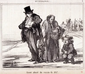 Cartoon over wijnbouw. Serie "Herfstschets": "In de Oogst. Misbruik gemaakt van de druiven van 1857" Gravure door Honore DAUMIER (1808-1879). Uittreksel uit de krant "Le Charivari" op 16 oktober