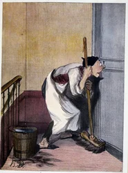 Concierge die door een sleutelgat kijkt - tekening door Daumier, n.d. 19e eeuw