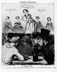 Muzikale schetsen: bij Champs Elysees, we wisten nooit of het de muziek is die het bier laat passeren of het bier dat de muziek laat slikken. Illustratie door Honore Daumier (1808-1879), gepubliceerd in "Charivari", datum 12 februari 1852.