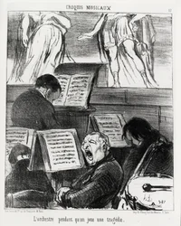 Muzikale schetsen: het orkest terwijl het een tragedie speelt. Illustratie door Honore Daumier, gepubliceerd in 
