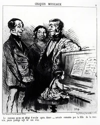 Muzikale schetsen: het lied dat je na het diner moet doorslikken: sonate uitgevoerd door de dochter des huizes, een jong wonderkind van zes jaar. Illustratie van Honore Daumier, gepubliceerd in 