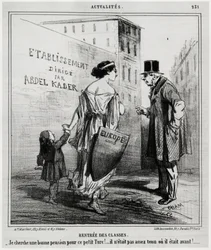 Huurklassen: ik zoek een goed pensioen voor deze kleine Turkse jongen!... Hij was niet fit genoeg of hij was het eerder. Enkele dagen nadat de Franse en Engelse troepen Turkije binnenkwamen (18 oktober 1860). Illustratie door Honore Daumier (1808-1879), ge