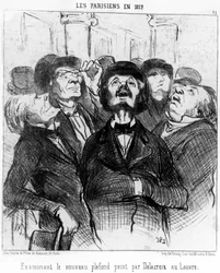 De Parijzenaars in 1852 die het nieuwe plafond geschilderd door Delacroix in het Louvre onderzoeken, uit 