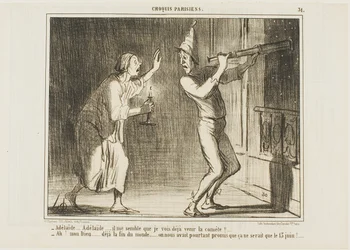 "Adelaide, Adelaide... Ik denk dat ik de komeet zie aankomen!!.. - Oh mijn God... dit is het einde van de wereld .... wat vervelend. Ze beloofden dat hij pas op 13 juni zou komen!" plaat 31 van Croquis Parisiens