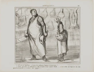 "- Mijnheer de slager, ik wens u een gelukkig en gezond Nieuwjaar... - Wat Dit wordt een mooi jaar, dit 1858... elke kruidenier om de hoek zal mijn schapenvlees kunnen verkopen!...," bord 481 uit Actualités