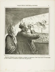 "- Meneer Colimard, als u niet onmiddellijk ophoudt met zo onbetamelijk naar de danseressen te lonken, breng ik u voor het einde van de voorstelling naar huis!", plaat 4 uit Croquis Pris Au Théatre par Daumier