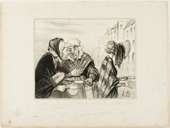 "- Wat een ophef maakt die zure kop van de vijfde verdieping! Een hoed dragen alleen maar om twee kopjes melk voor een sou te kopen! - Oh, Madame Capitaine, zijn we niet sjiek vandaag..." plaat 36 Types Parisiens