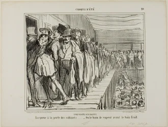 Een bezoek aan de baden. In de rij voor de kleedkamers - of het stoombad voor het koude bad, plaat 20 van Croquis D
