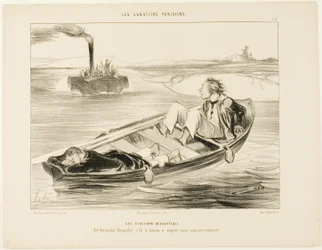 Een onaangename ontmoeting. "Bernardel, Bernardel! Hier komt de stoomboot... we zullen zinken!", plaat 16 uit Les Canotiers Parisiens