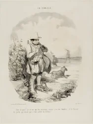 "Verdomd land! Ik schiet alleen mussen.... en alleen vrouwtjes... en deze geniale bewaker stond erop dat het hier vol konijnen zat," plaat 5 van La Chasse