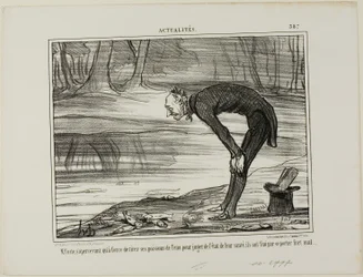 Mr. Coste merkt op dat de vissen die hij uit het water haalt om hun gezondheidstoestand te analyseren, zich uiteindelijk helemaal niet goed voelen, plaat 387 van Actualités