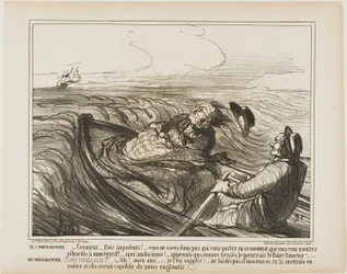 Mme Prudhomme: "- Stomme golven.... weet je niet wie je op dit moment bij je hebt... oh stoutmoedige... weet dat ik je, net als Xerxes, vreselijk zal afranselen." Mme Prudhomme: (bibberend van angst) "- Bid, mijn beste vriend, beledig de zee niet langer...