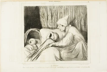 Gehoor. "- Word wakker Nini! .... Ik roep haar al meer dan een uur en ze antwoordt steeds: ja Adolphe. Maar noch het kind, noch ik heet Adolphe!", plaat 41 uit Types Parisiens