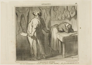 De wanhoop van de slager. "- Stel je voor: Iedereen kan zich als slager vestigen! Ah! Er zijn momenten dat ik zin heb om mijn vleeshakmes te pakken en mezelf in twee helften te snijden als een simpel kalfsvlees," plaat 458 uit Actualités