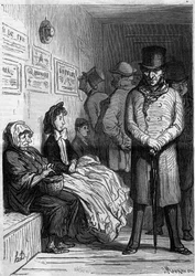 Een wachtruimte voor een omnibus. Cartoon door Honore Daumier. Gravure in Le Monde Illustré nr. 257 van 15 maart 1862