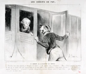 Kunstwerk door Honore Daumier (1808-1879). Charivari dateert uit 1843: Serie LES SPOORWEGEN Het gevaar van in slaap vallen tijdens een reis -Wakker worden meneer en uitstappen! - Waar rijden we naartoe? - Maar Rouen parbleu! - In Rouen en ik die alleen naa