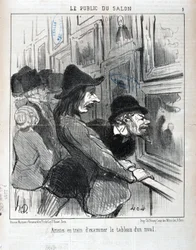 Kunstwerk van Honore Daumier (1808-1879). Charivari dateert uit 1852: Serie LE PUBLIC DU SALON - "Kunstenaars die het schilderij van een rivaal onderzoeken" MUSEE DES BEAUX ARTS - PALAIS LONGCHAMP, MARSEILLE