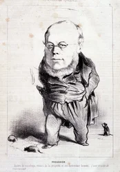Proudhon, "apostel van het socialisme, vijand van eigendom en zijn gepatenteerde vernietiger" - door Daumier, in "Charivari" van 06/01/1849
