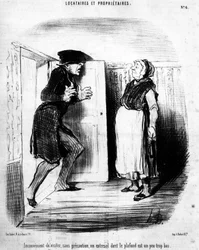 Ongemakkelijk om zonder waarschuwing een entresol te bezoeken waarvan het plafond een beetje te laag is (uit Huurders en Eigenaren, cartoonserie door Honore Daumier, gepubliceerd in Charivari)