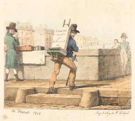 Kunstenaar die een ezel met een lithografische steen draagt