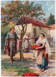 De vrucht viel vanzelf in de mand, uit Italiaanse sprookjes, door Lilia E. Romano, gepubliceerd door Raphael Tuck & Sons