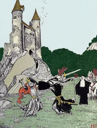 Strijd tussen Koning Arthur en de zwarte ridder in aanwezigheid van Merlijn de tovenaar. Illustratie door Howard Pyle (1853 - 1911)
