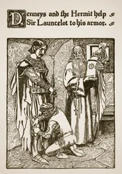Denneys en de kluizenaar helpen Sir Launcelot met zijn harnas, illustratie uit 