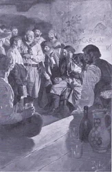 Hij leidde Jack naar de man die op het vat zat, uit Howard Pyles Book of Pirates gepubliceerd door Harper & Bros, 1921